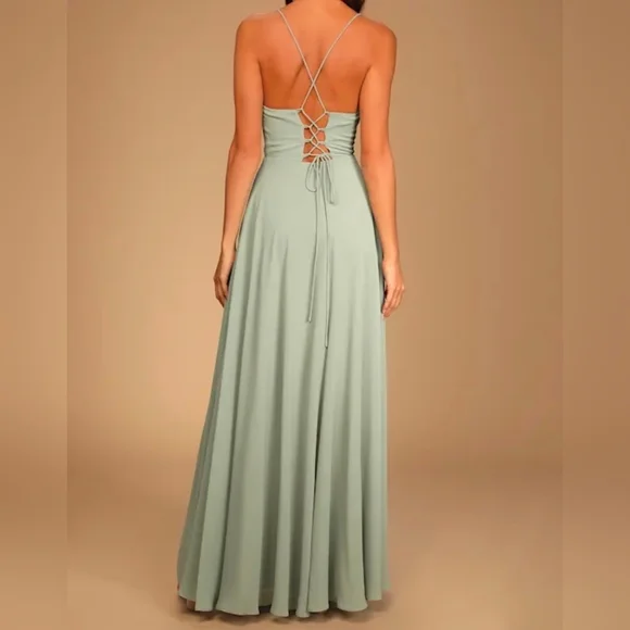 Lulus Romantically Speaking Sage Green Cowl Lace-Up Back Maxi Dress - Picture 7 of 15